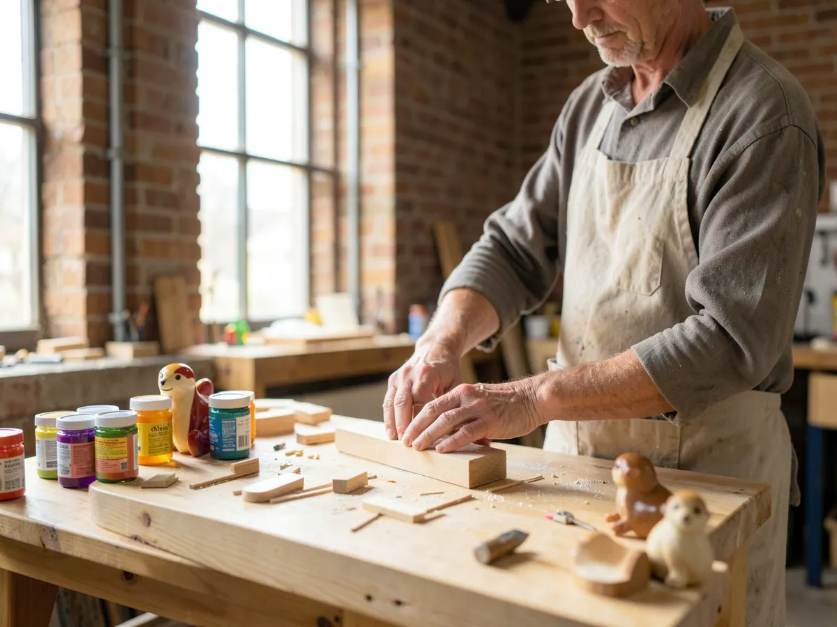 A small toy workshop: birch sheets, wooden parts being sanded and jars of water-based paint