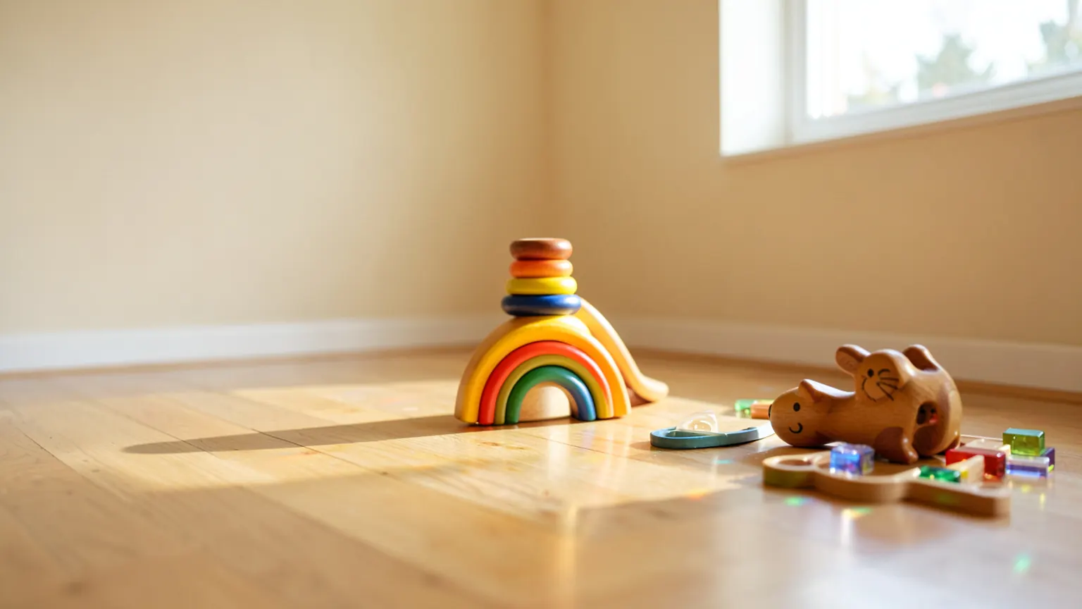 Wooden toys on a sunlit playroom floor: a rainbow stacker, a balance board, a pull-along otter and a marble run