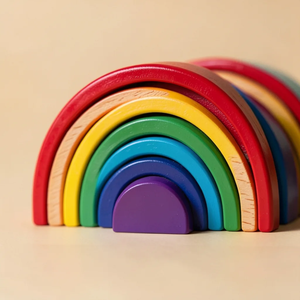 Close-up of the Arc of Seven wooden rainbow stacker