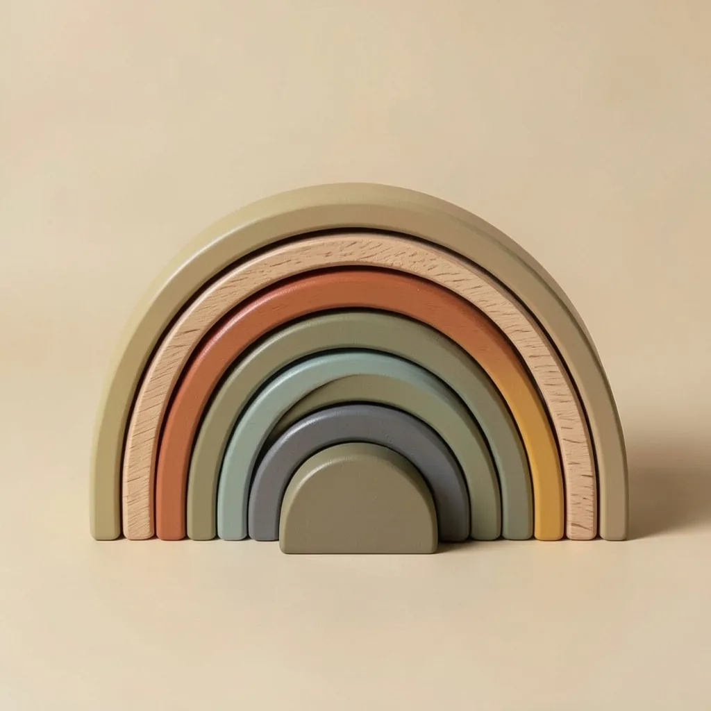Arc of Seven wooden rainbow stacker in earth tones