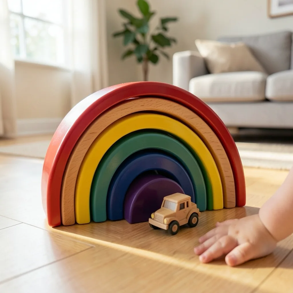 Arc of Seven wooden rainbow stacker in use at home