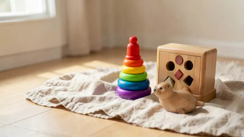 Wooden baby and toddler toys on a linen blanket in morning light