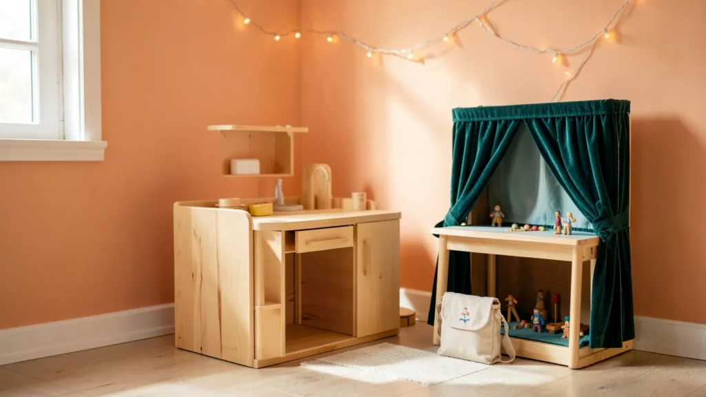A pretend-play corner with a play kitchen, a doctor's bag and a puppet theatre