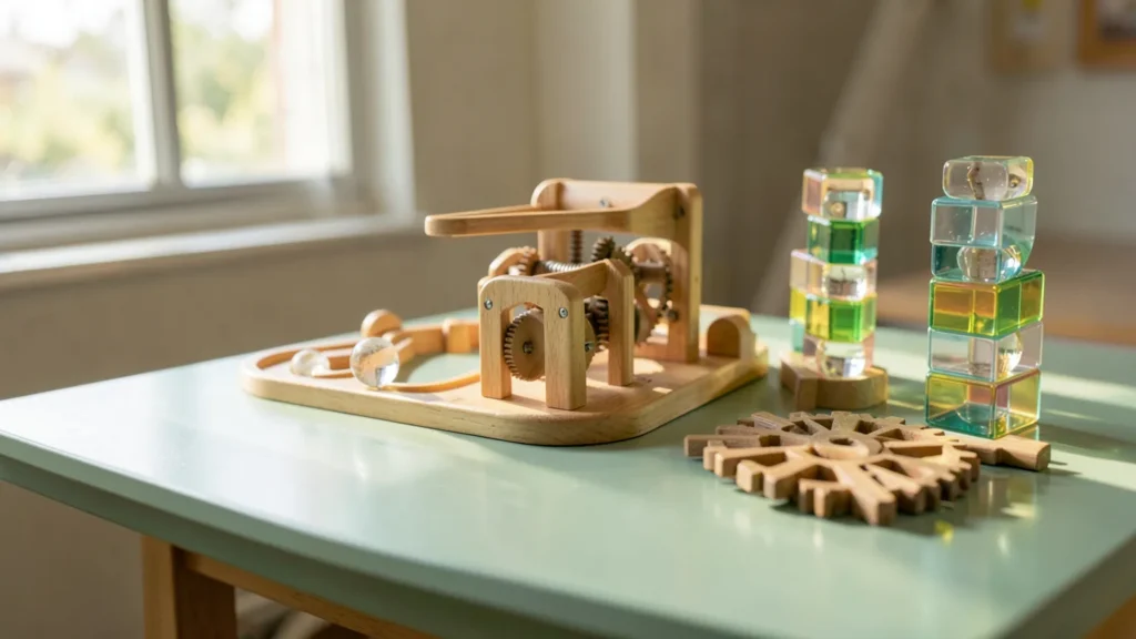 A wooden marble run, a gear board and magnetic tile towers on a sea-green table