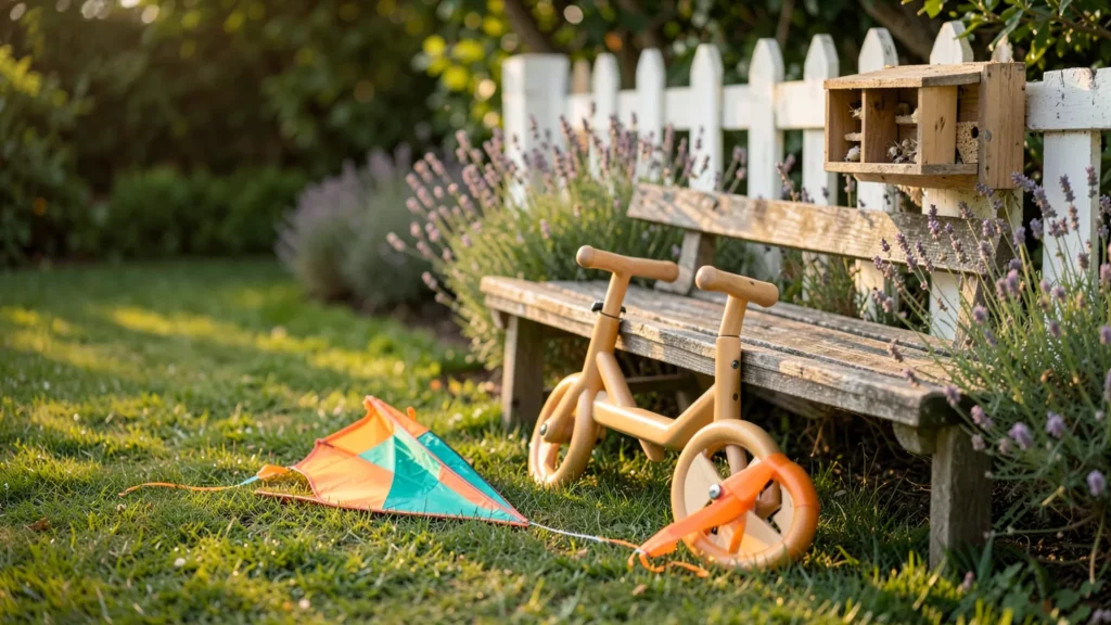 A wooden balance bike, a kite and an insect hotel in a garden in late afternoon light