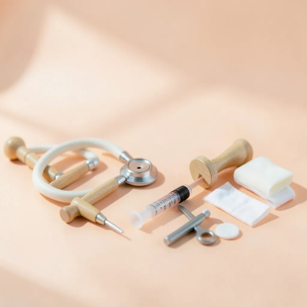 Close-up of the Dr. Pip's Bag wooden doctor kit in a canvas bag
