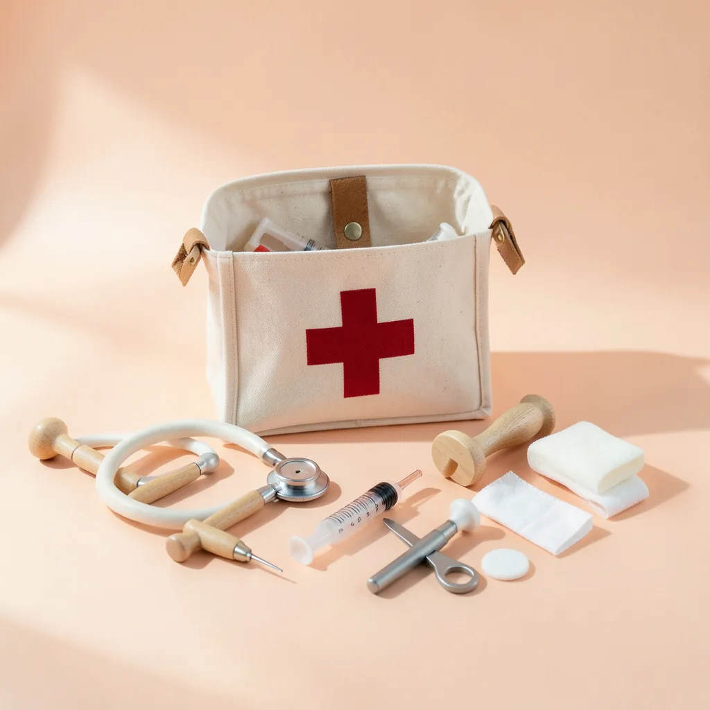 Dr. Pip's Bag, wooden doctor kit in a canvas bag