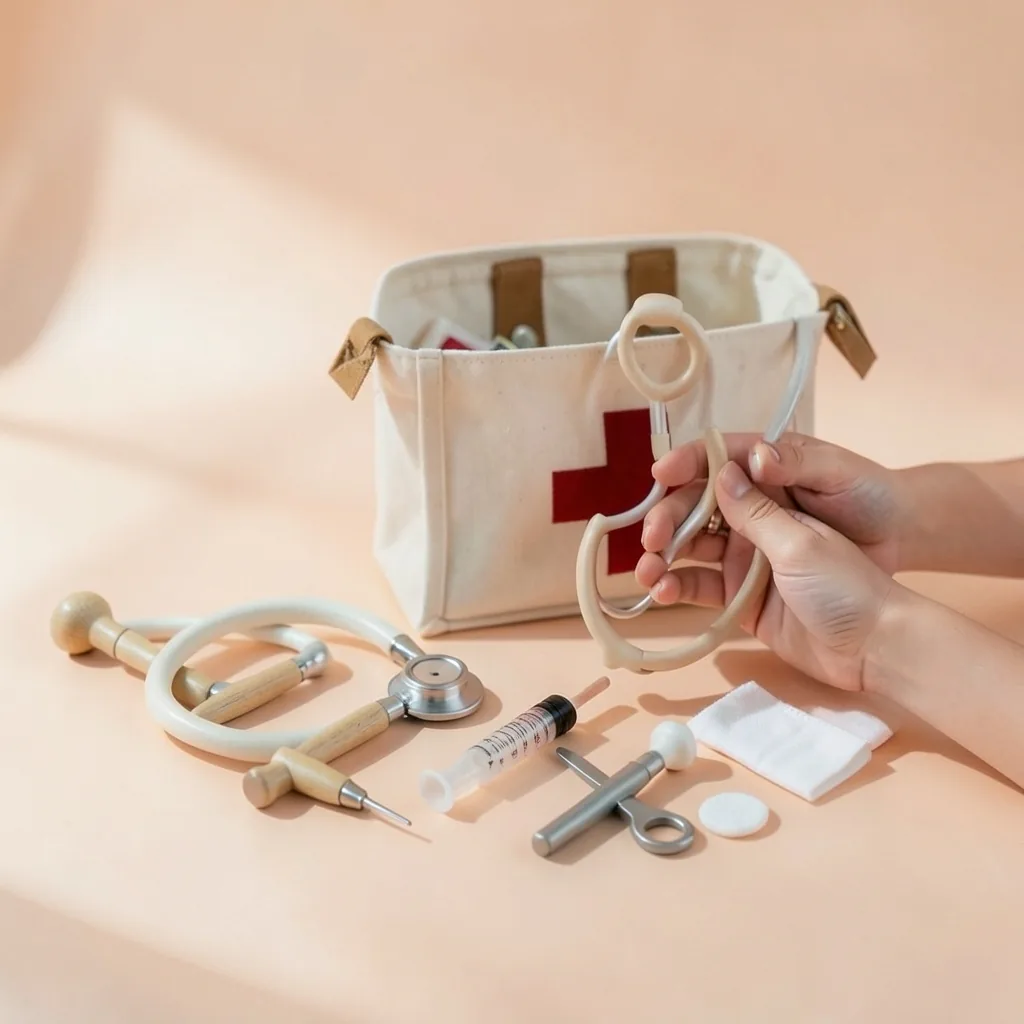 Dr. Pip's Bag wooden doctor kit in a canvas bag in use at home