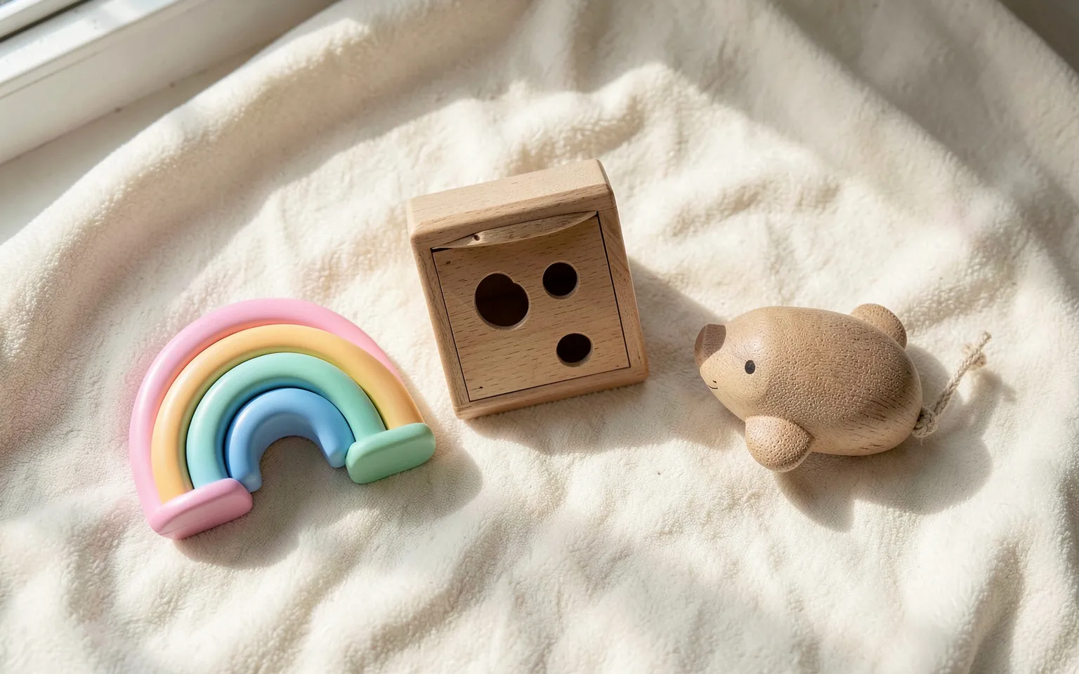 A rainbow stacker, a shape-sorting post box and a pull-along otter on a cream blanket