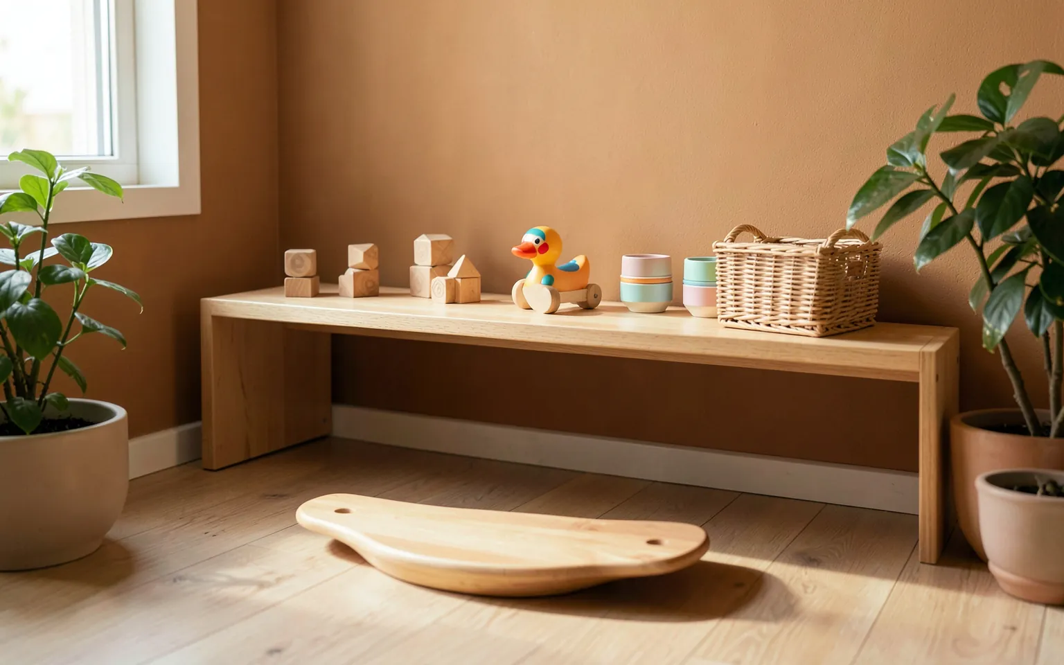 A low wooden shelf with a few toys spaced out in a calm child's room