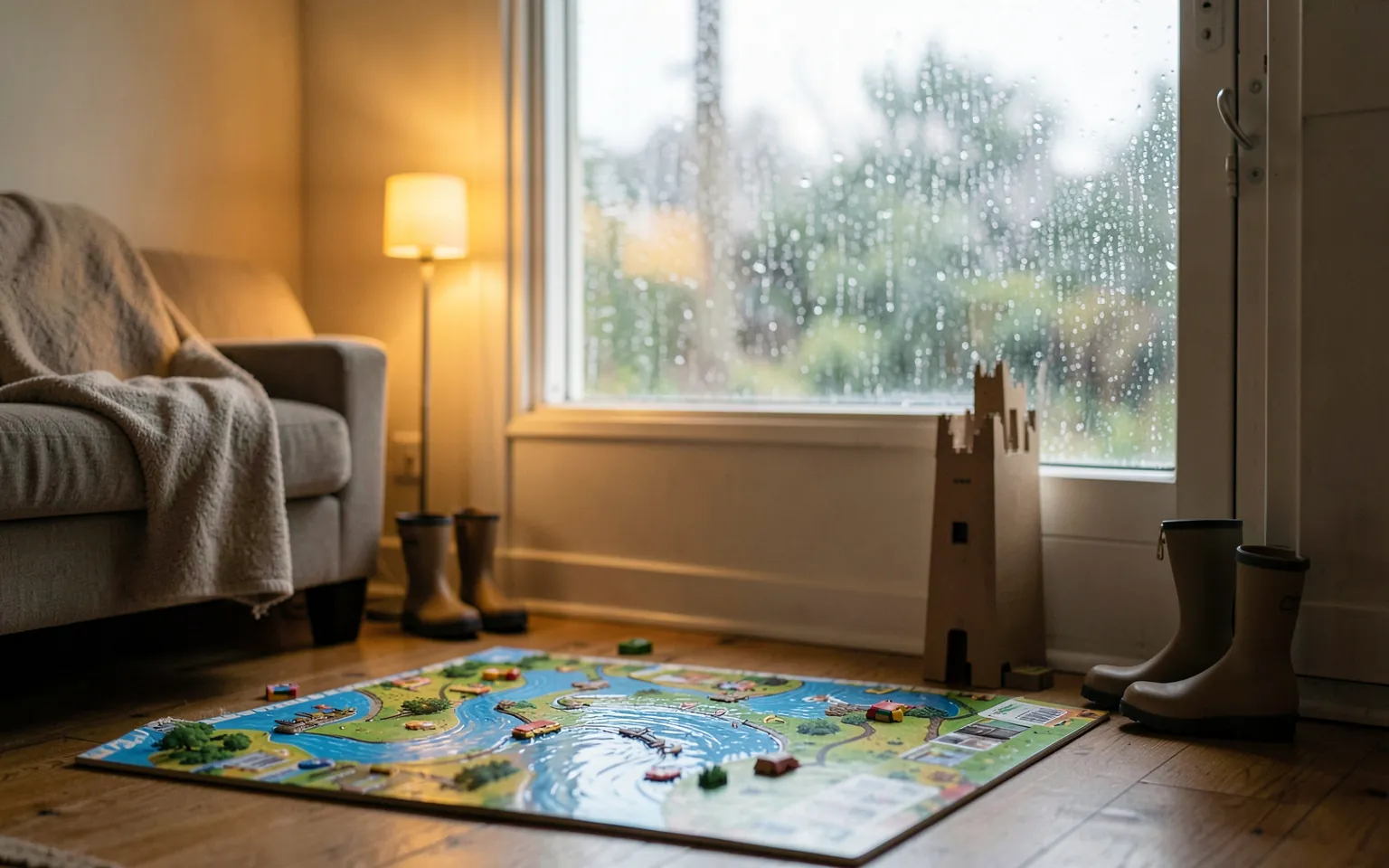 A cosy living room on a rainy day with a cardboard castle and a board game