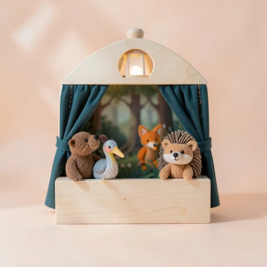 Close-up of the Lantern Stage tabletop puppet theatre with 4 finger puppets