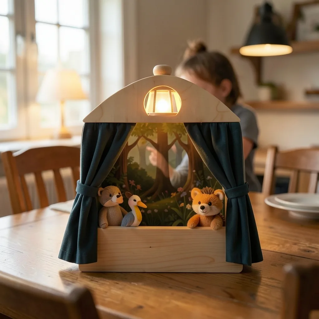 Lantern Stage tabletop puppet theatre with 4 finger puppets in use at home