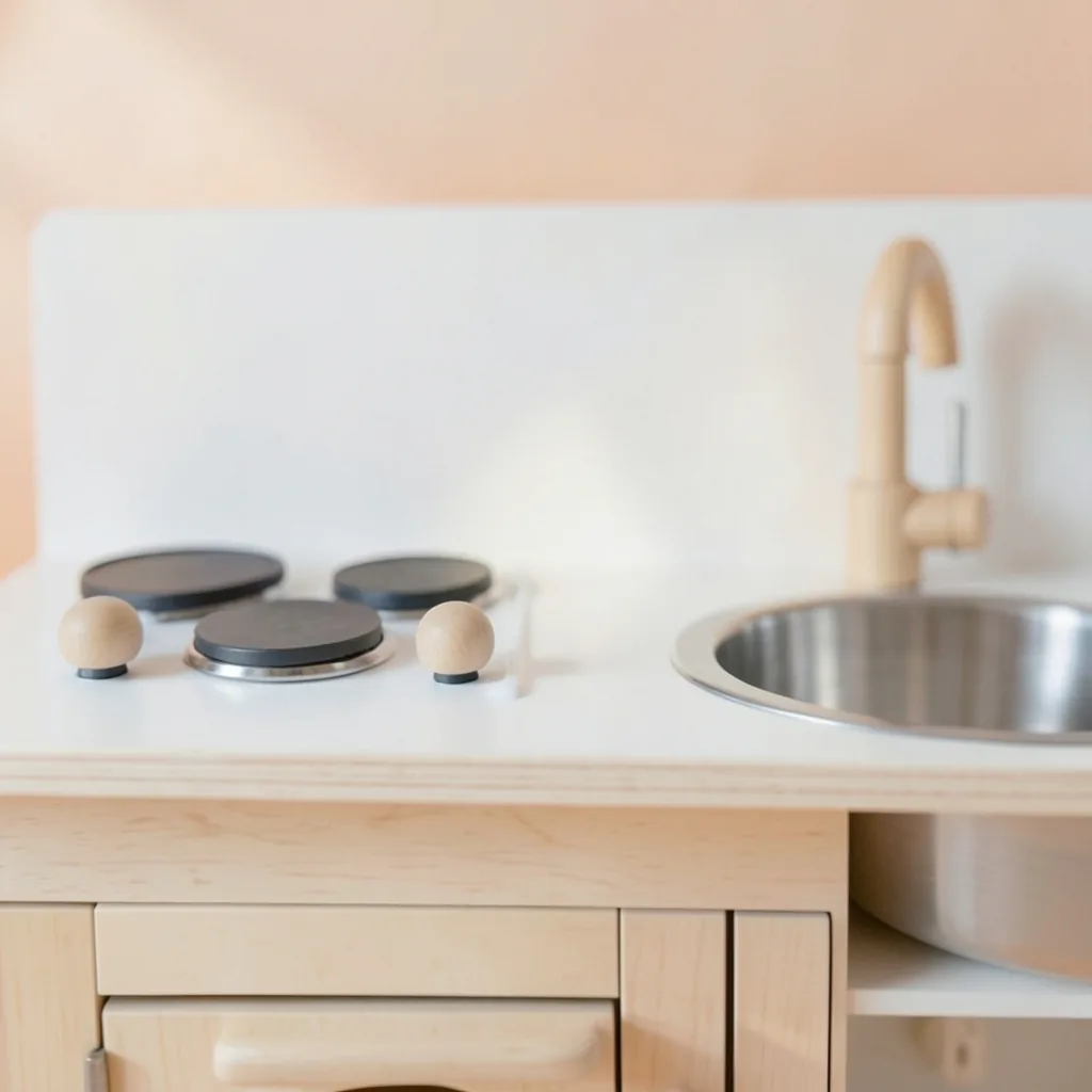 Close-up of the Little Larder wooden play kitchen
