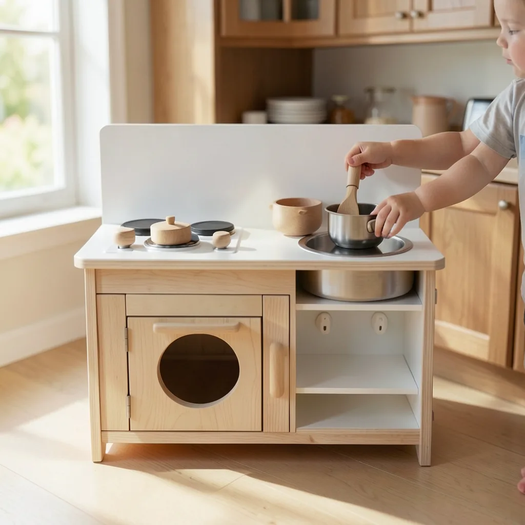 Little Larder wooden play kitchen in use at home