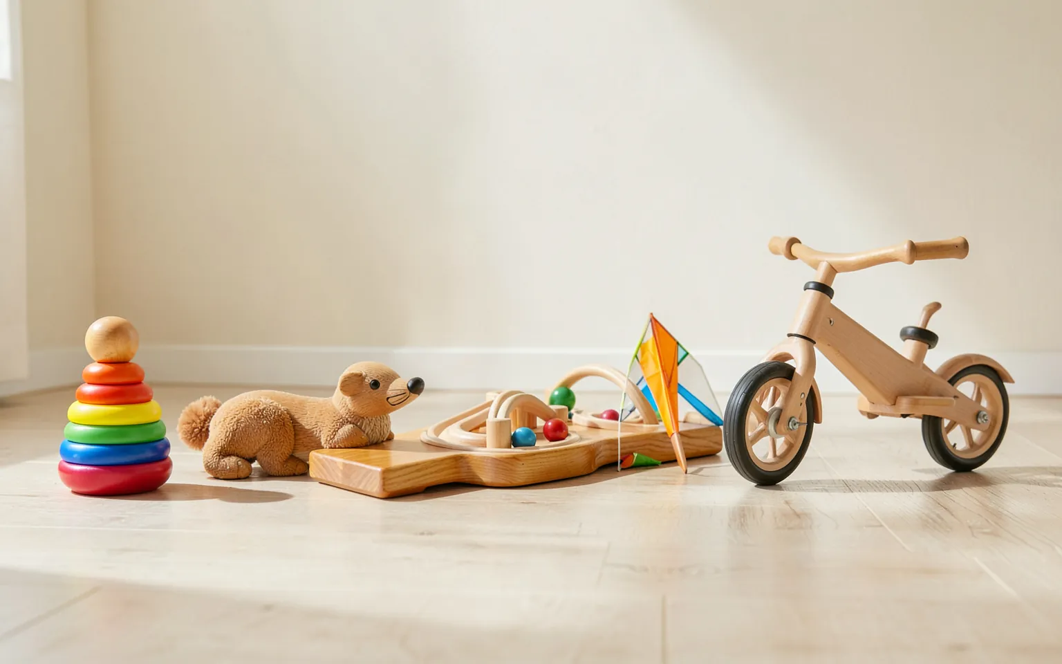 Toys arranged from small to large, from a rainbow stacker to a balance bike