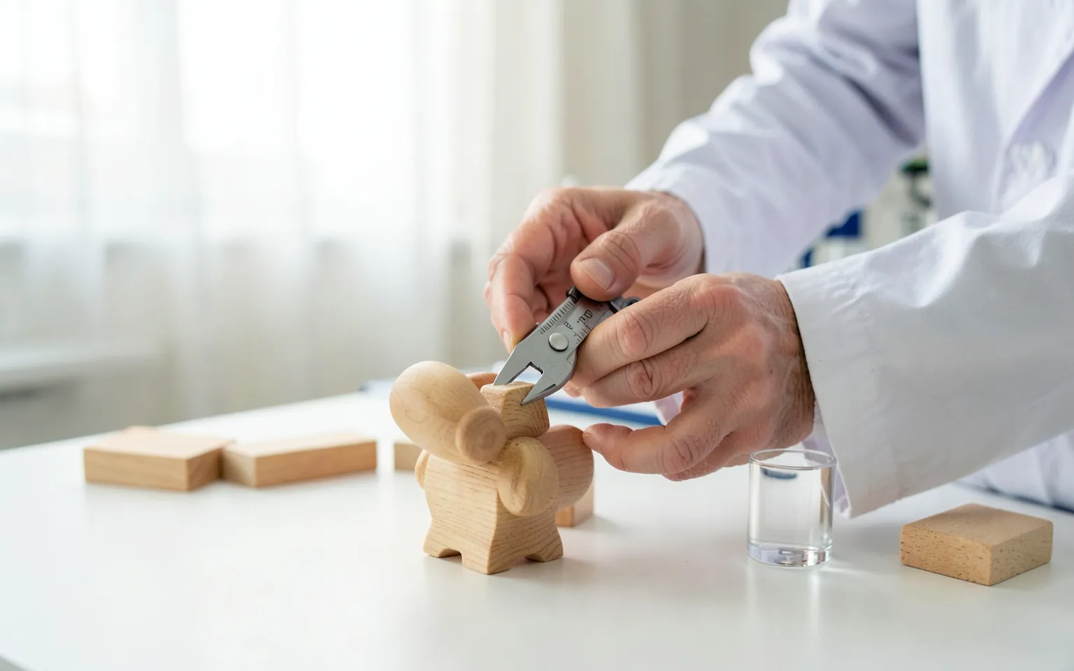 Hands measuring a wooden toy with a calliper next to a small-parts test cylinder